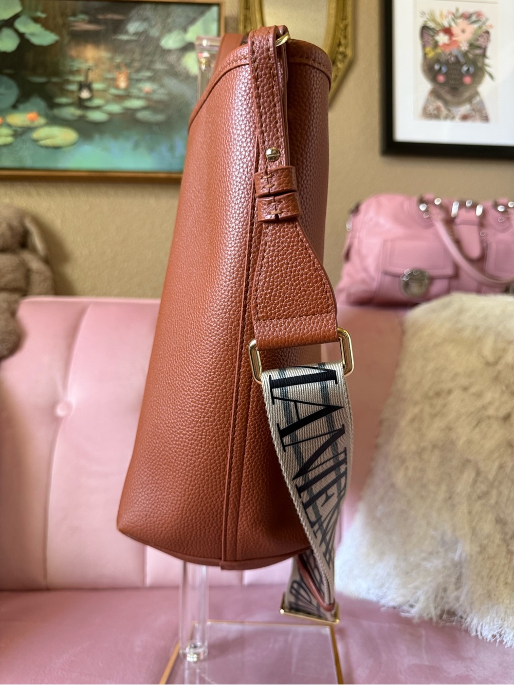 💯Auth! Emporio Armani Saddle Brown Leather Bag Tote Branded Strap Gold Hardware - Picture 4 of 16